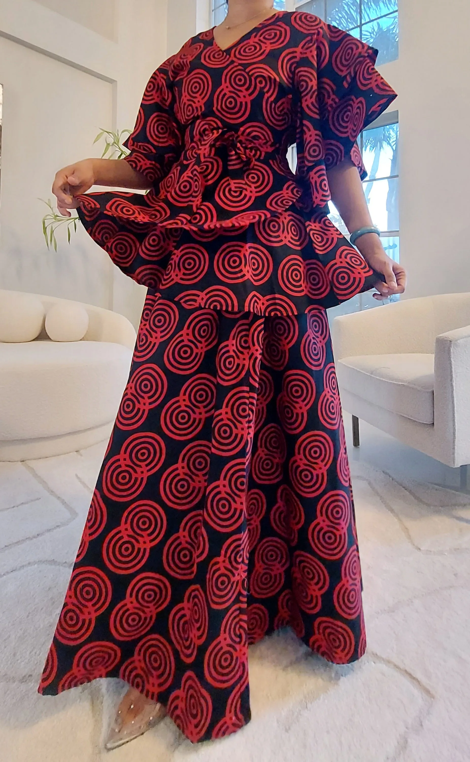 7001 Set / Wrap Blouse & Long Skirt-Red/Black