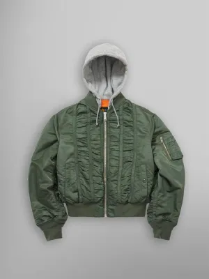 ALPHA X MADEME HOODED RUCHED MA-1 BOMBER JACKET