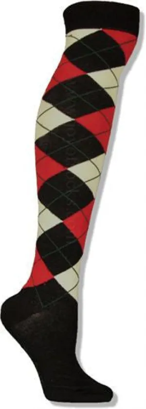 Black/Red/Ivory Argyle Over the Knee Socks (Women's)