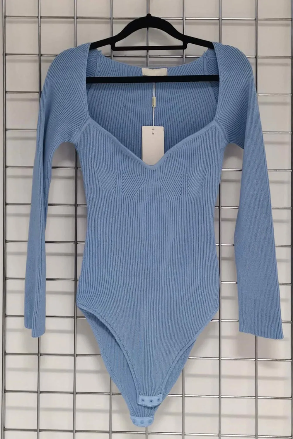 Blue Ribbed Long Sleeve Knit Bodysuit