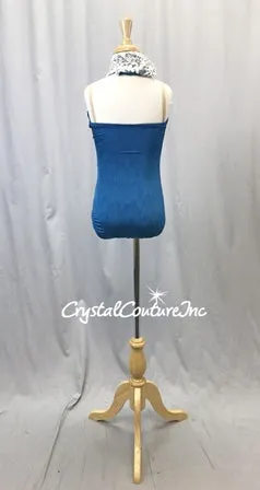 Blue Shimmery Leotard with Ivory Lace Bodice - Swarovski Rhinestones