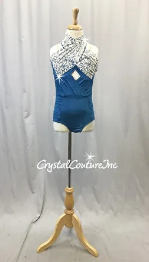 Blue Shimmery Leotard with Ivory Lace Bodice - Swarovski Rhinestones