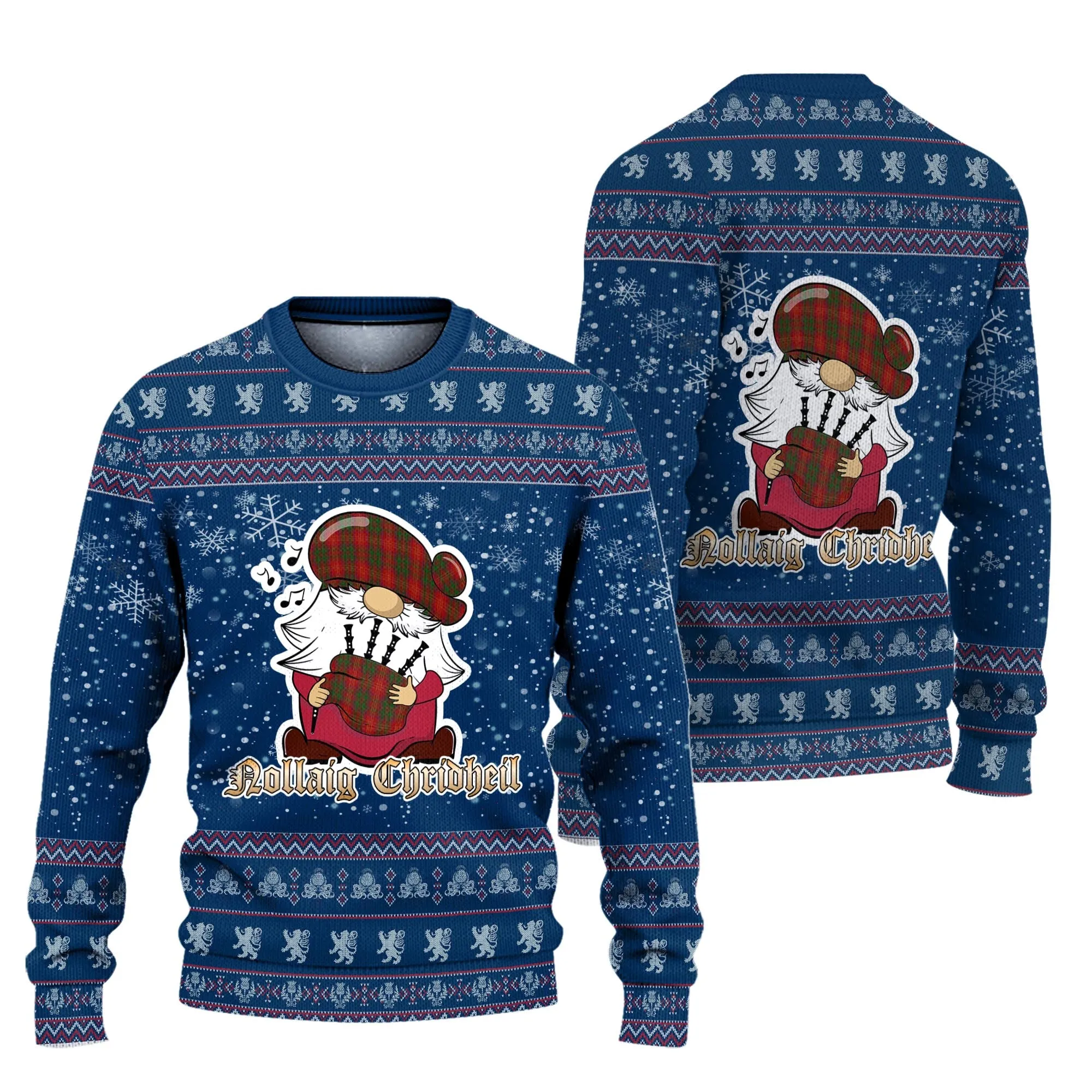 Burns Clan Christmas Family Ugly Sweater with Funny Gnome Playing Bagpipes