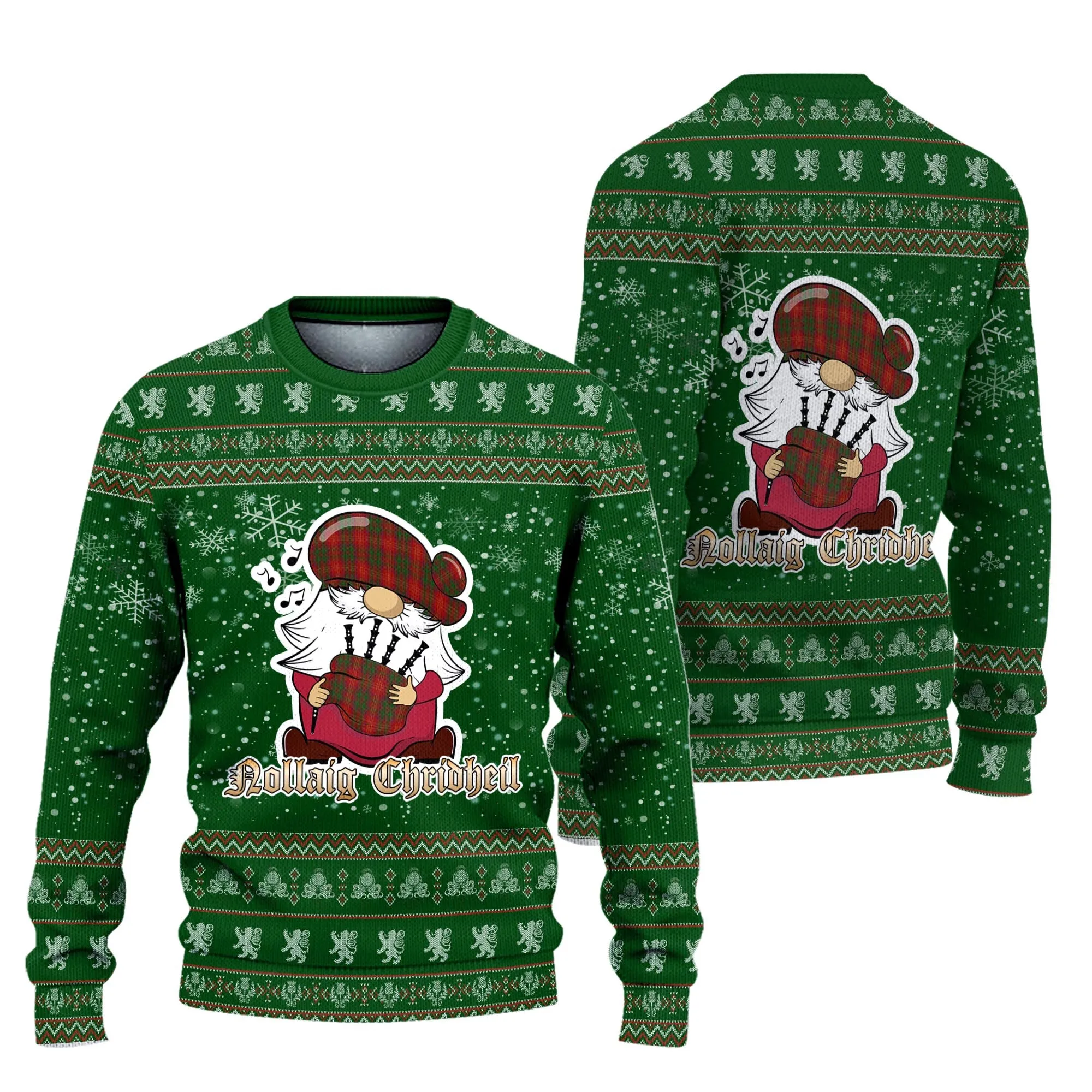 Burns Clan Christmas Family Ugly Sweater with Funny Gnome Playing Bagpipes
