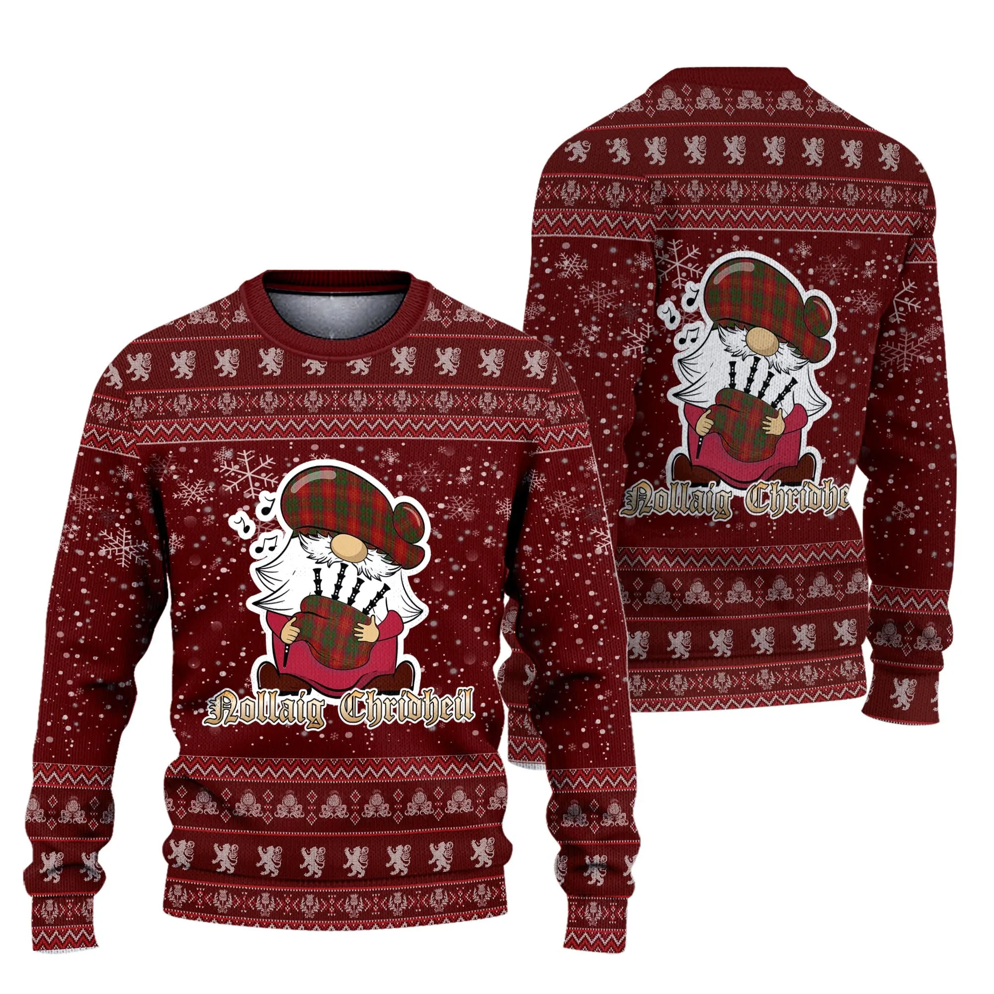 Burns Clan Christmas Family Ugly Sweater with Funny Gnome Playing Bagpipes