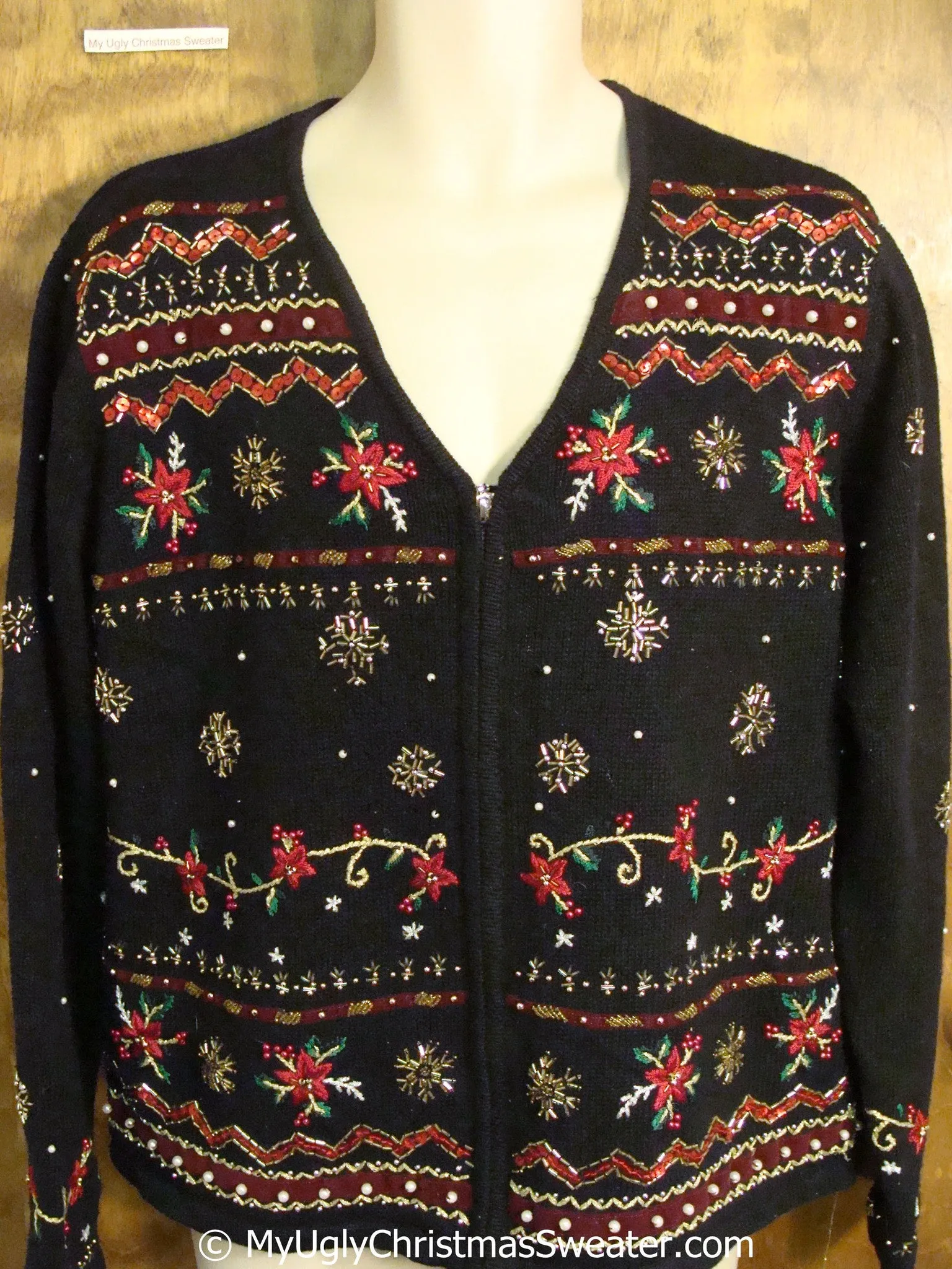 Cheap Black Christmas Sweater with Poinsettias