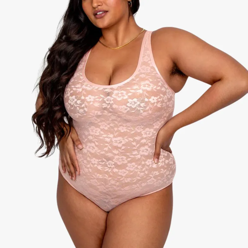 Curvy Couture No-Show Lace Bodysuit Blushing Rose