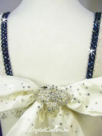 Custom Navy Blue Connected Two-Piece with Ivory Accents - Swarovski Rhinestones
