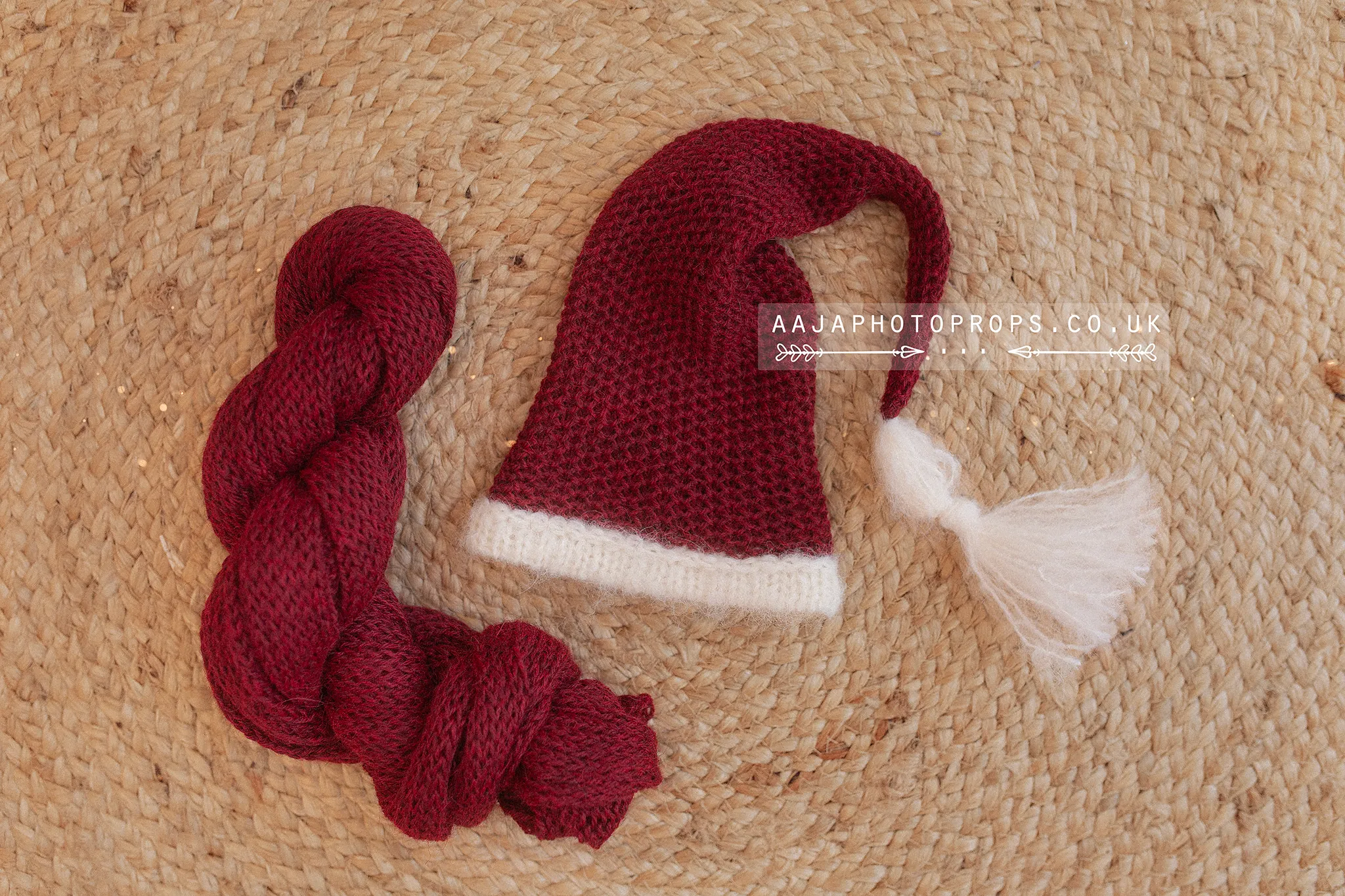 Dark maroon Red, knitted wrap and hat set, newborn baby, RTS