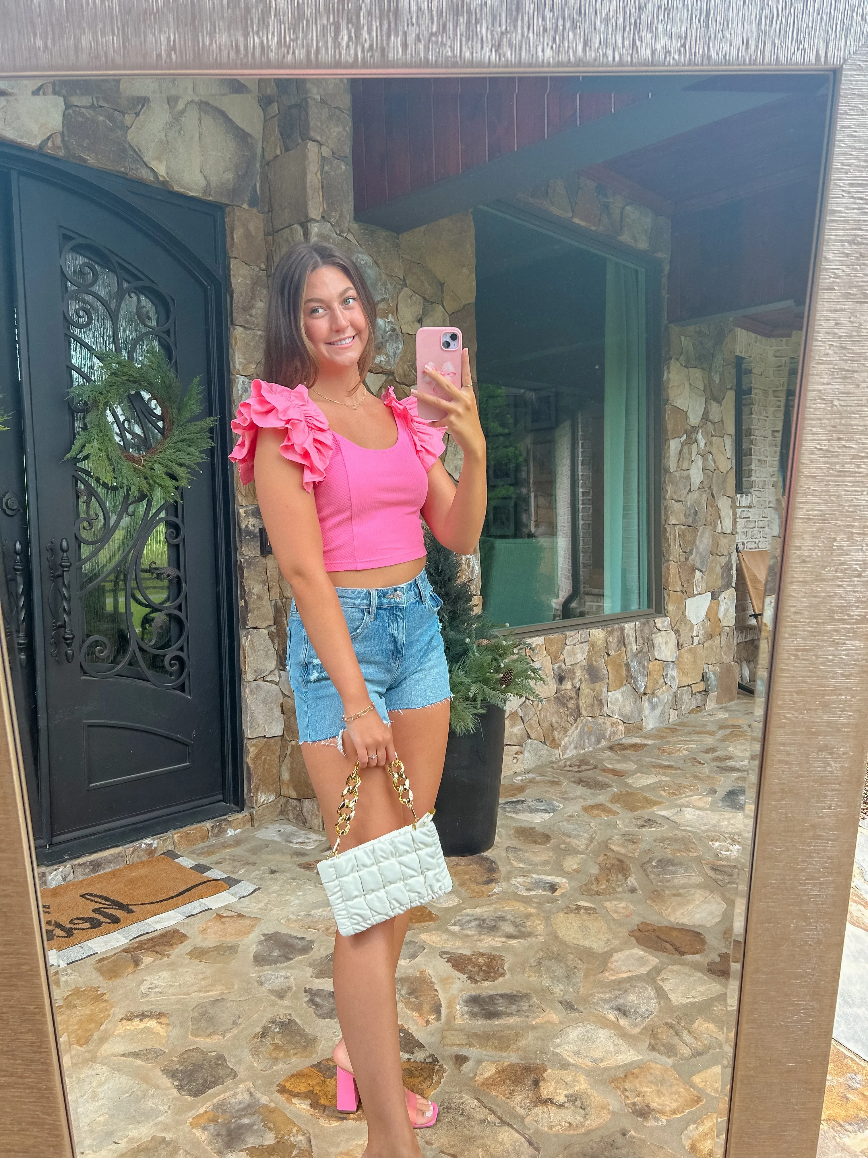 Doll Pink Flutter Sleeve Ribbed Crop Top