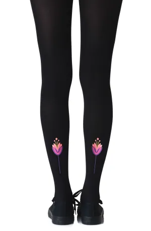Elegant Pink Lotus Flower Print 120 Denier Opaque Black Tights