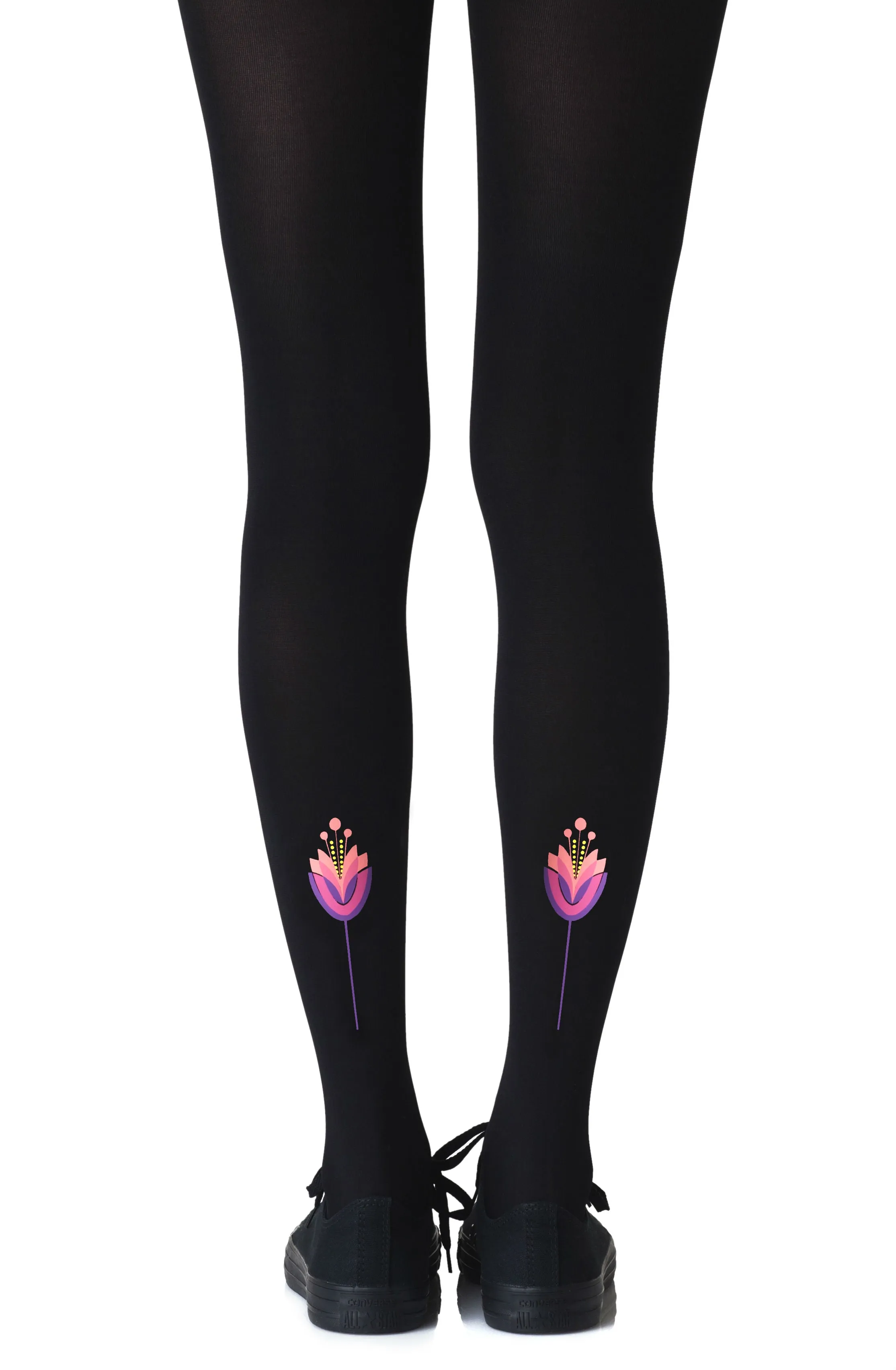 Elegant Pink Lotus Flower Print 120 Denier Opaque Black Tights