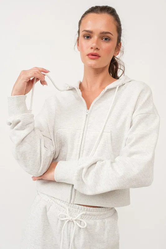 Elora Loose Fit Crop Length Terry Fleece Hooded Jacket
