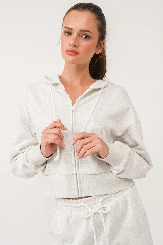 Elora Loose Fit Crop Length Terry Fleece Hooded Jacket