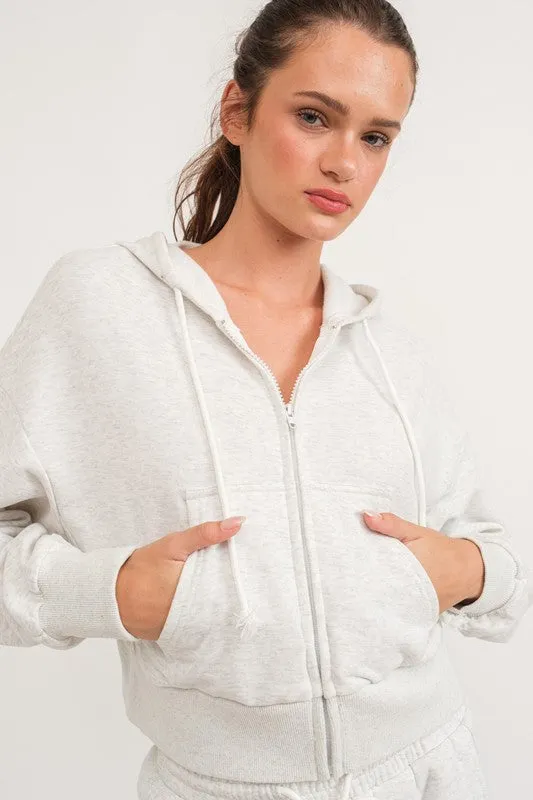 Elora Loose Fit Crop Length Terry Fleece Hooded Jacket