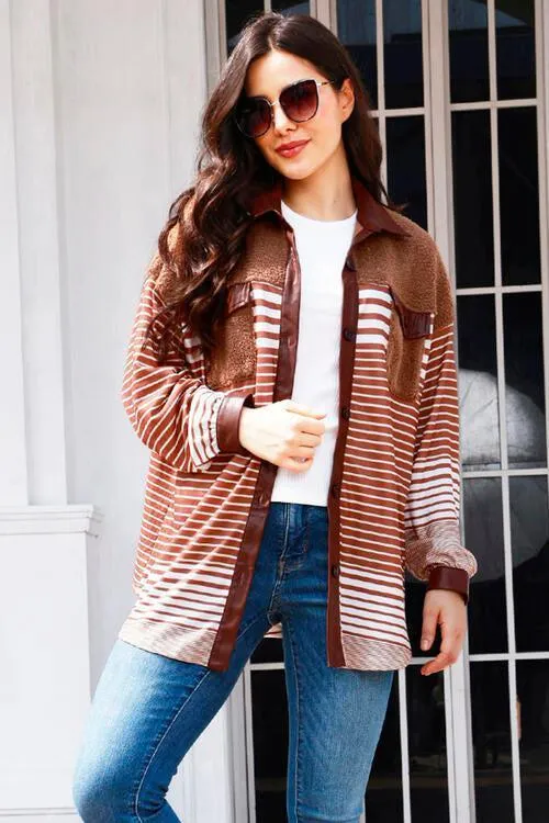 Embrace The Cold Season Fleece Trim Striped Jacket