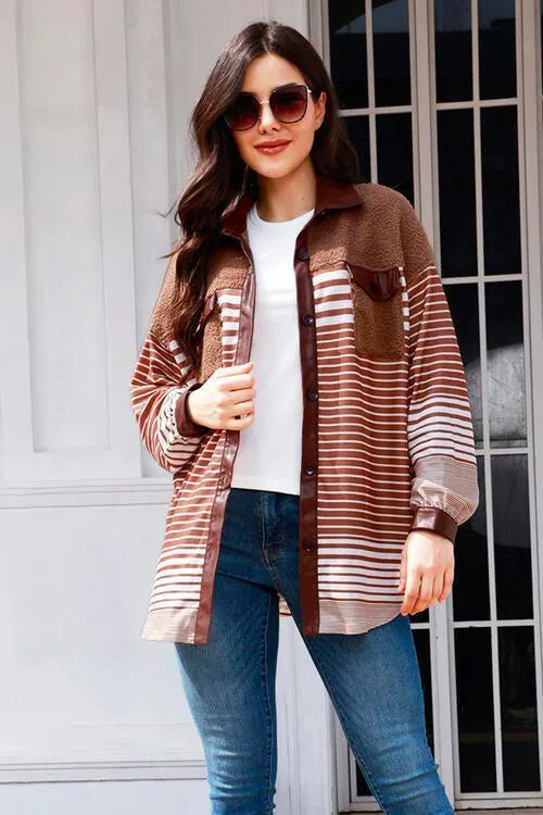 Embrace The Cold Season Fleece Trim Striped Jacket