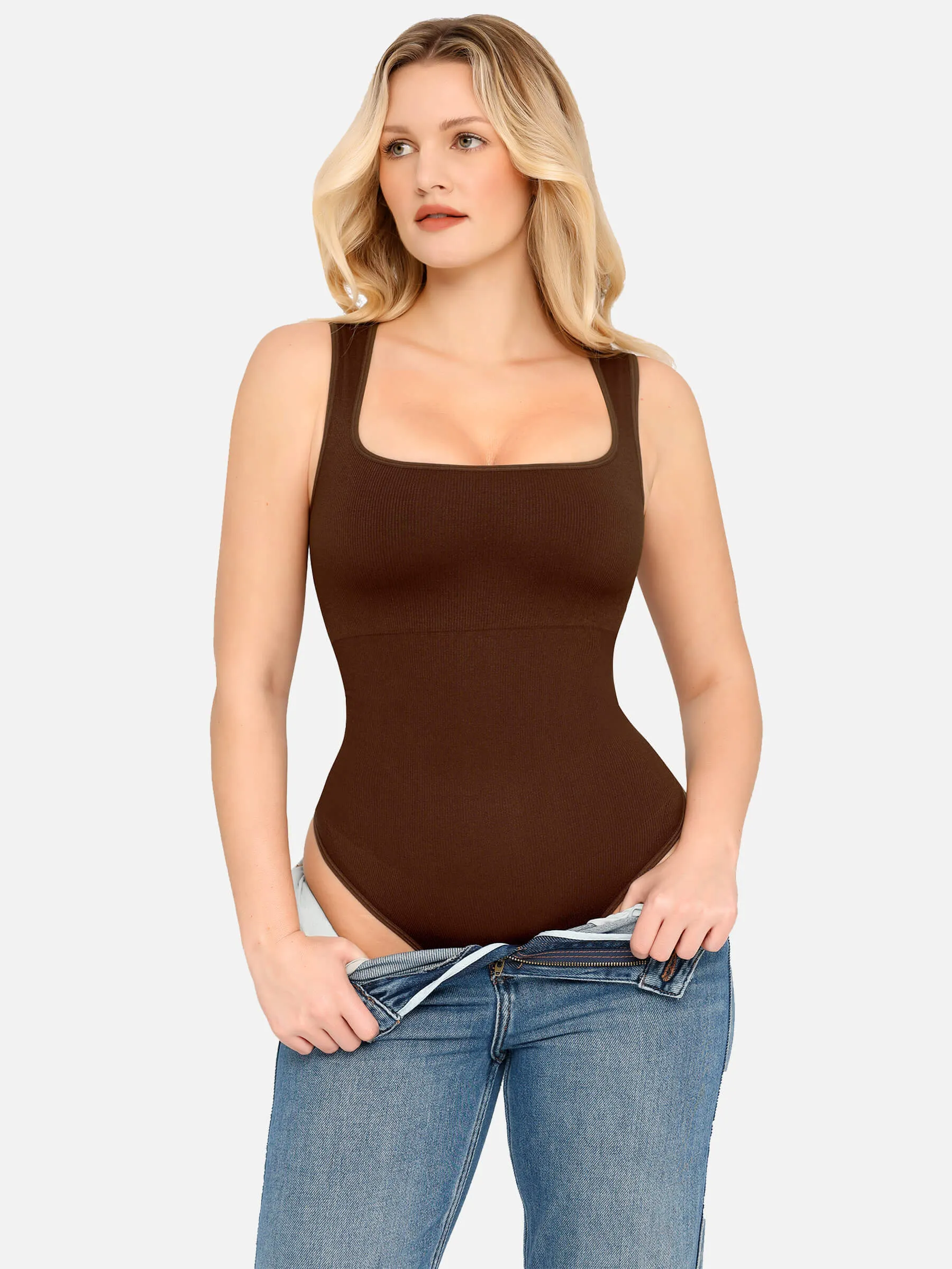 Feelingirl Square Neck Belly Smoothing Thong Bodysuit