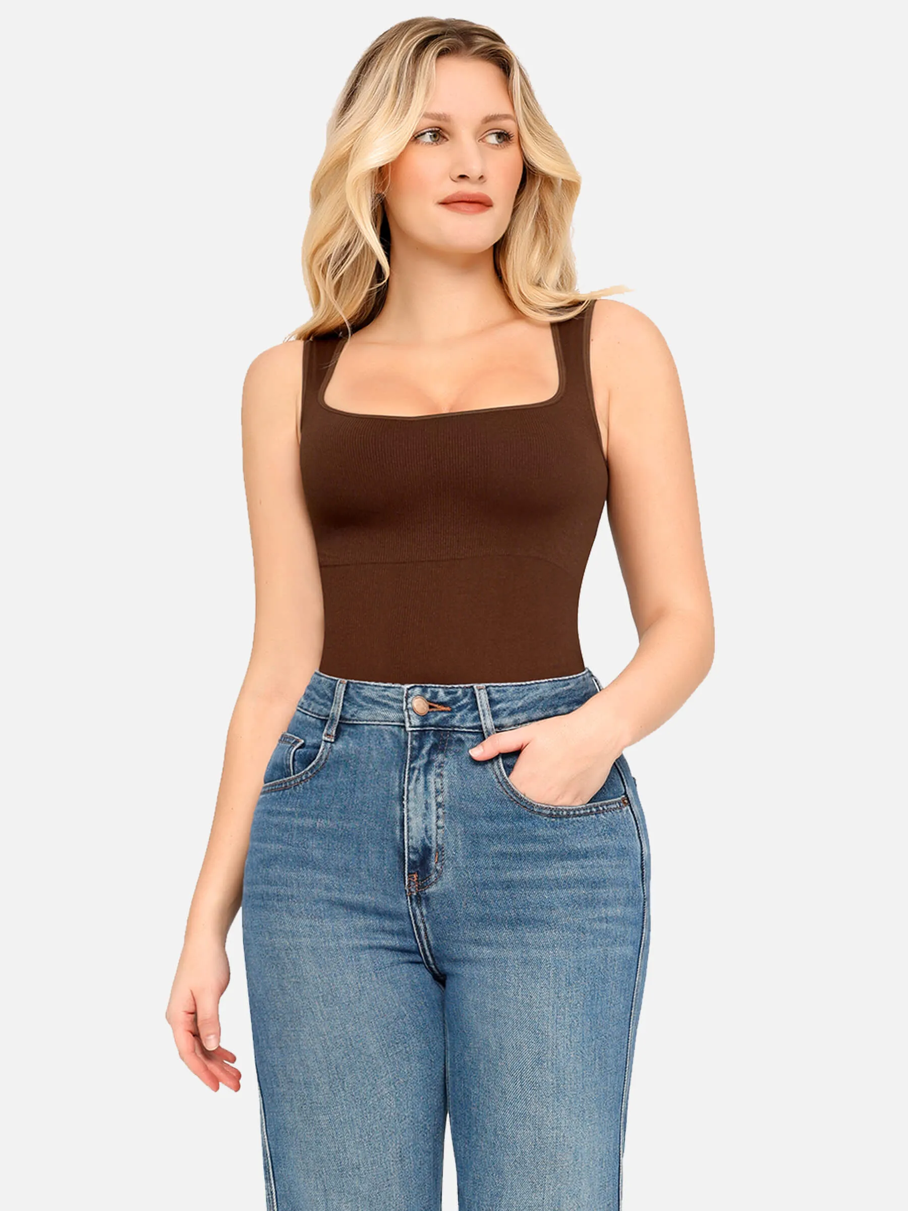 Feelingirl Square Neck Belly Smoothing Thong Bodysuit