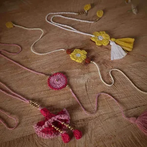 Genda Rakhi Lumba Pair & Kali Rakhi Lumba Pair Combo | Rakshabandhan | For Kids & Adults | Artisan Made In India | 100% Cotton | Crochet, Handcrafted