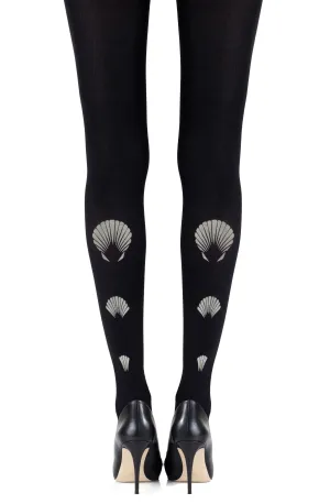Gorgeous Metallic Grey Shell Print 100 Denier Opaque Black Tights