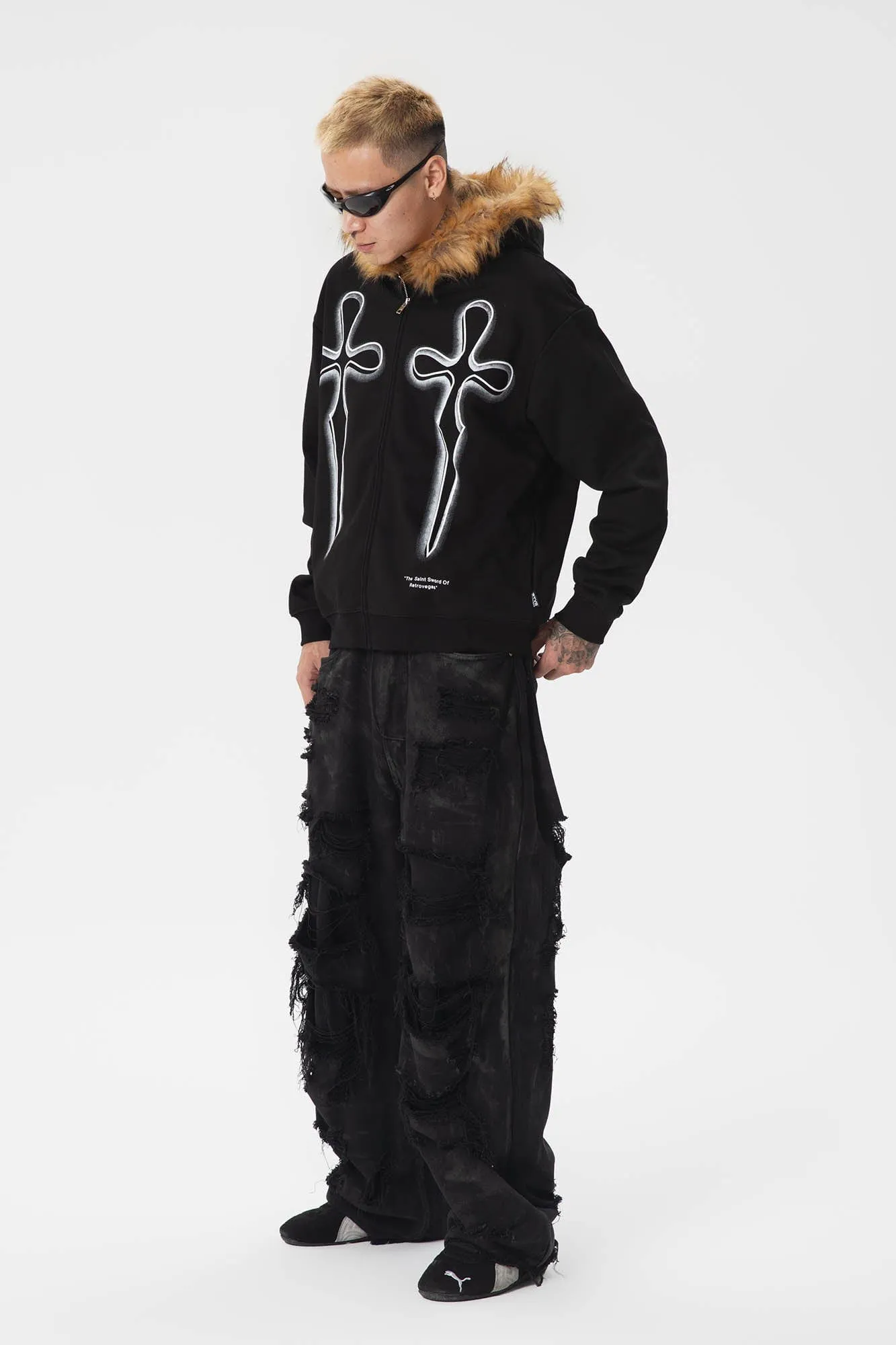 Gothic Cross Fur Hoodie Jacket