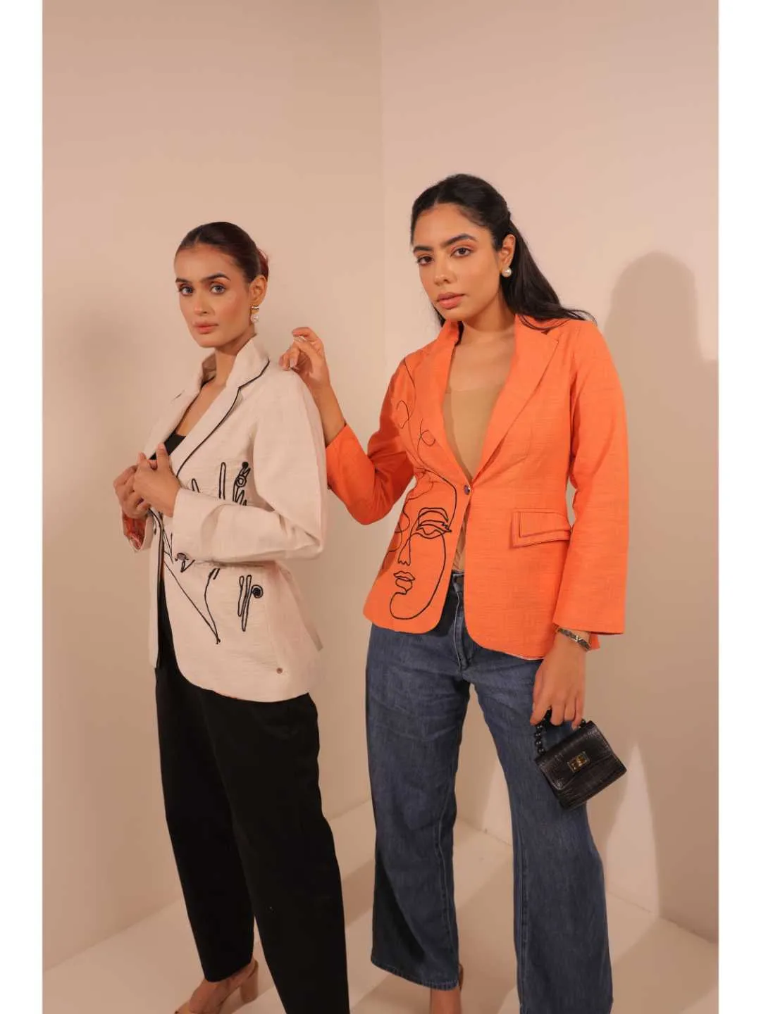 graceful pongee silk modernise embroiderd lapel full sleeve semi-formal jacket with stylish pocket. - Orange