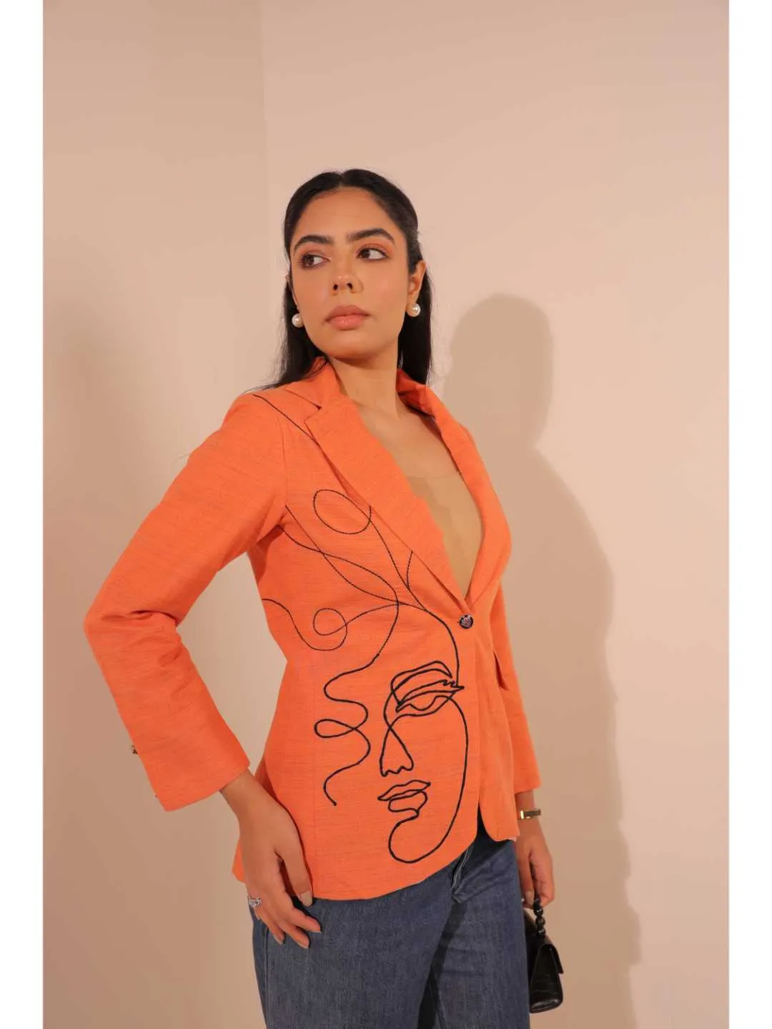 graceful pongee silk modernise embroiderd lapel full sleeve semi-formal jacket with stylish pocket. - Orange