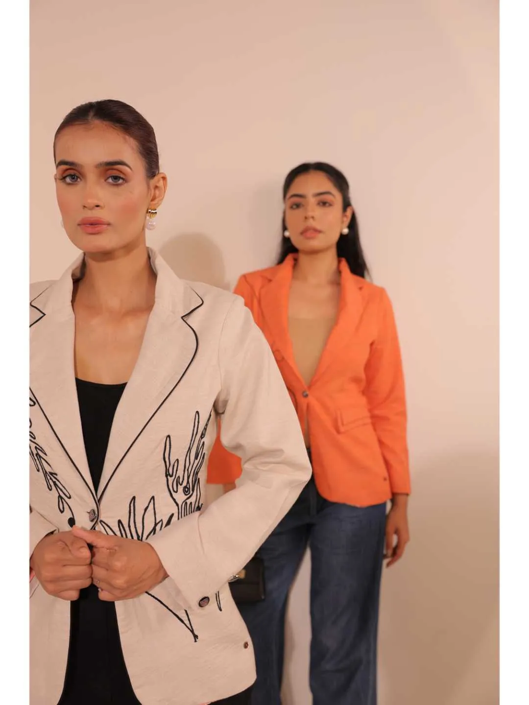 graceful pongee silk modernise embroiderd lapel full sleeve semi-formal jacket with stylish pocket. - Orange