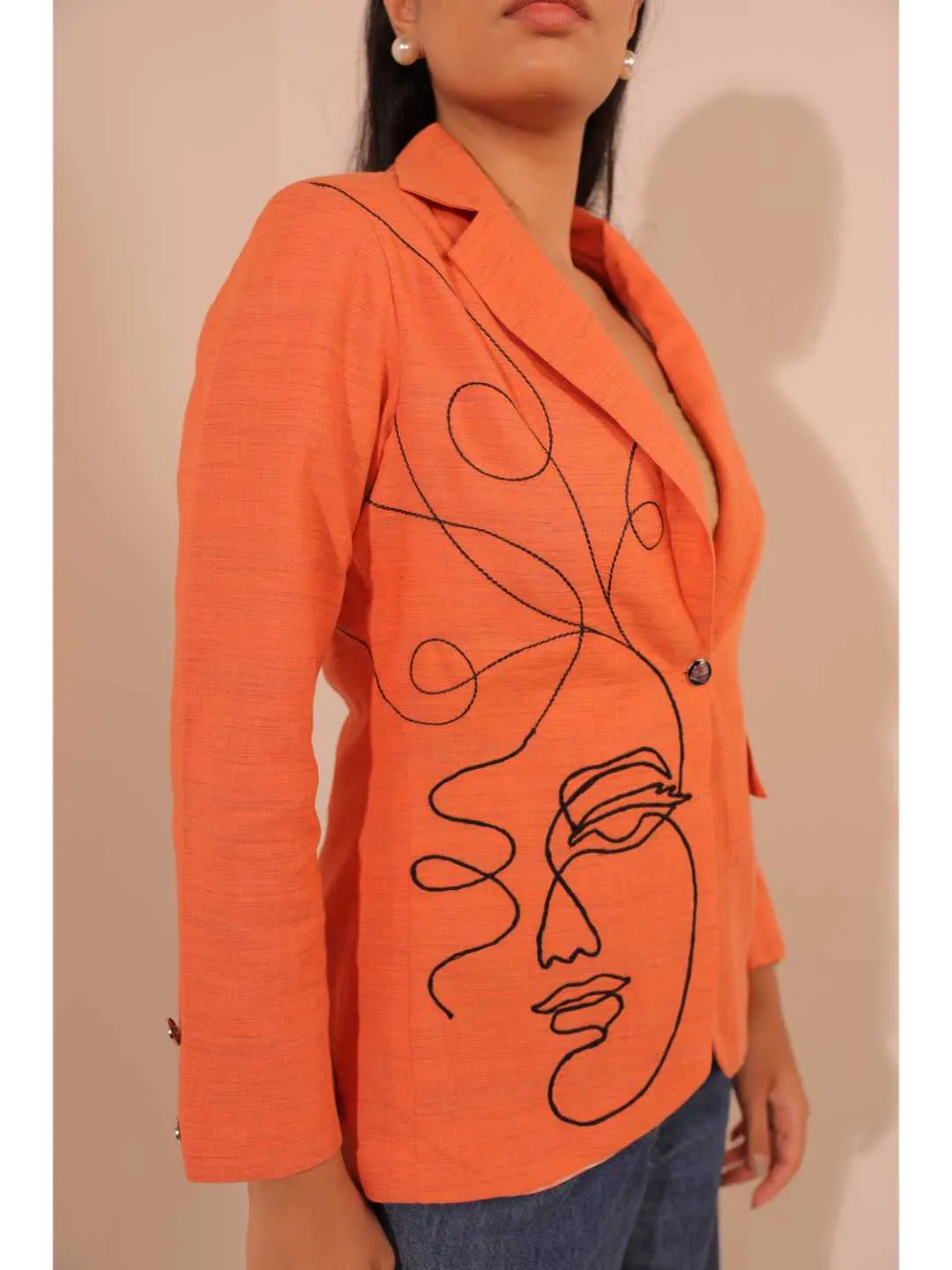 graceful pongee silk modernise embroiderd lapel full sleeve semi-formal jacket with stylish pocket. - Orange