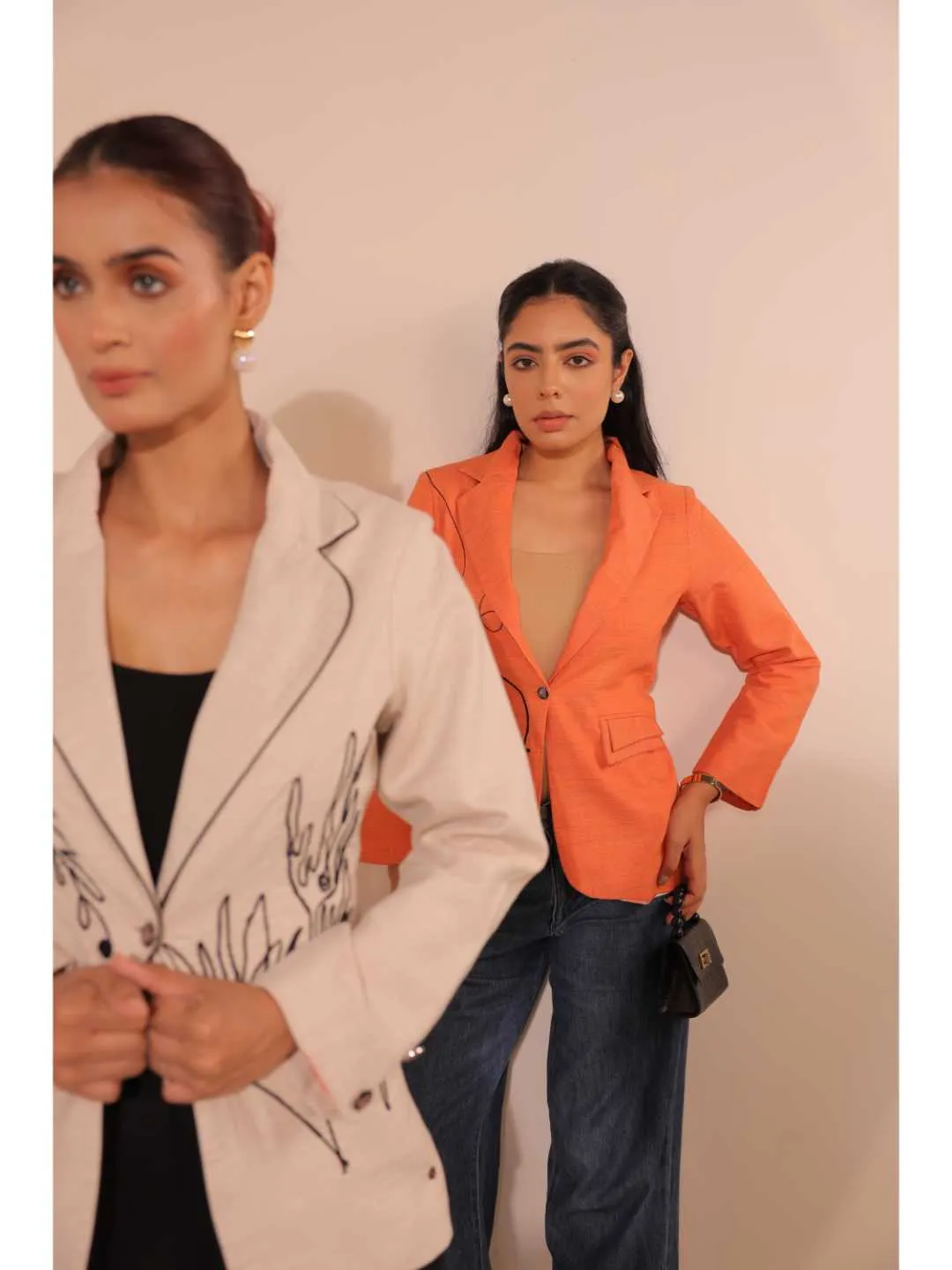 graceful pongee silk modernise embroiderd lapel full sleeve semi-formal jacket with stylish pocket. - Orange