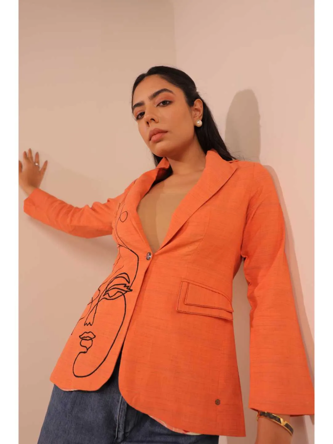 graceful pongee silk modernise embroiderd lapel full sleeve semi-formal jacket with stylish pocket. - Orange