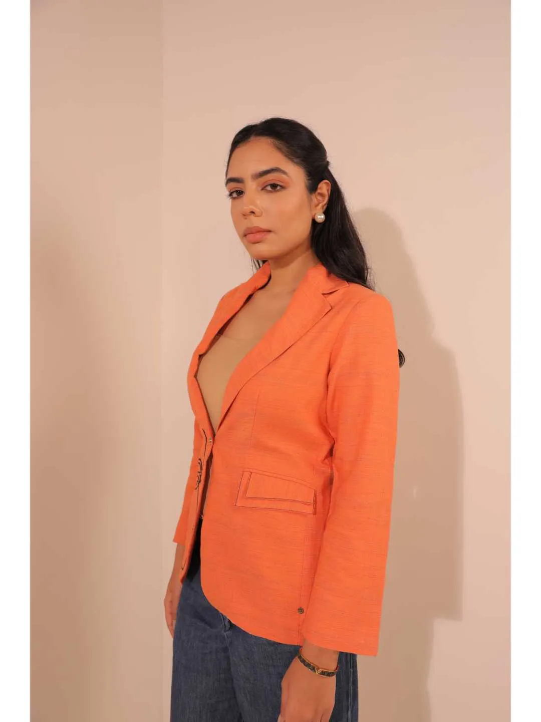 graceful pongee silk modernise embroiderd lapel full sleeve semi-formal jacket with stylish pocket. - Orange