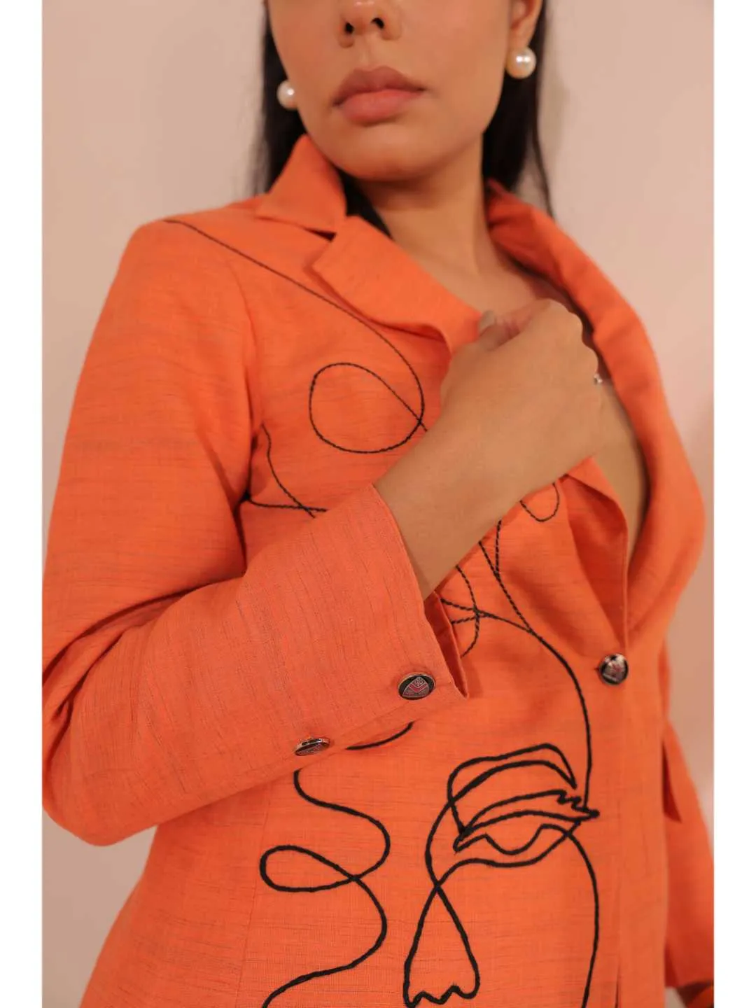 graceful pongee silk modernise embroiderd lapel full sleeve semi-formal jacket with stylish pocket. - Orange
