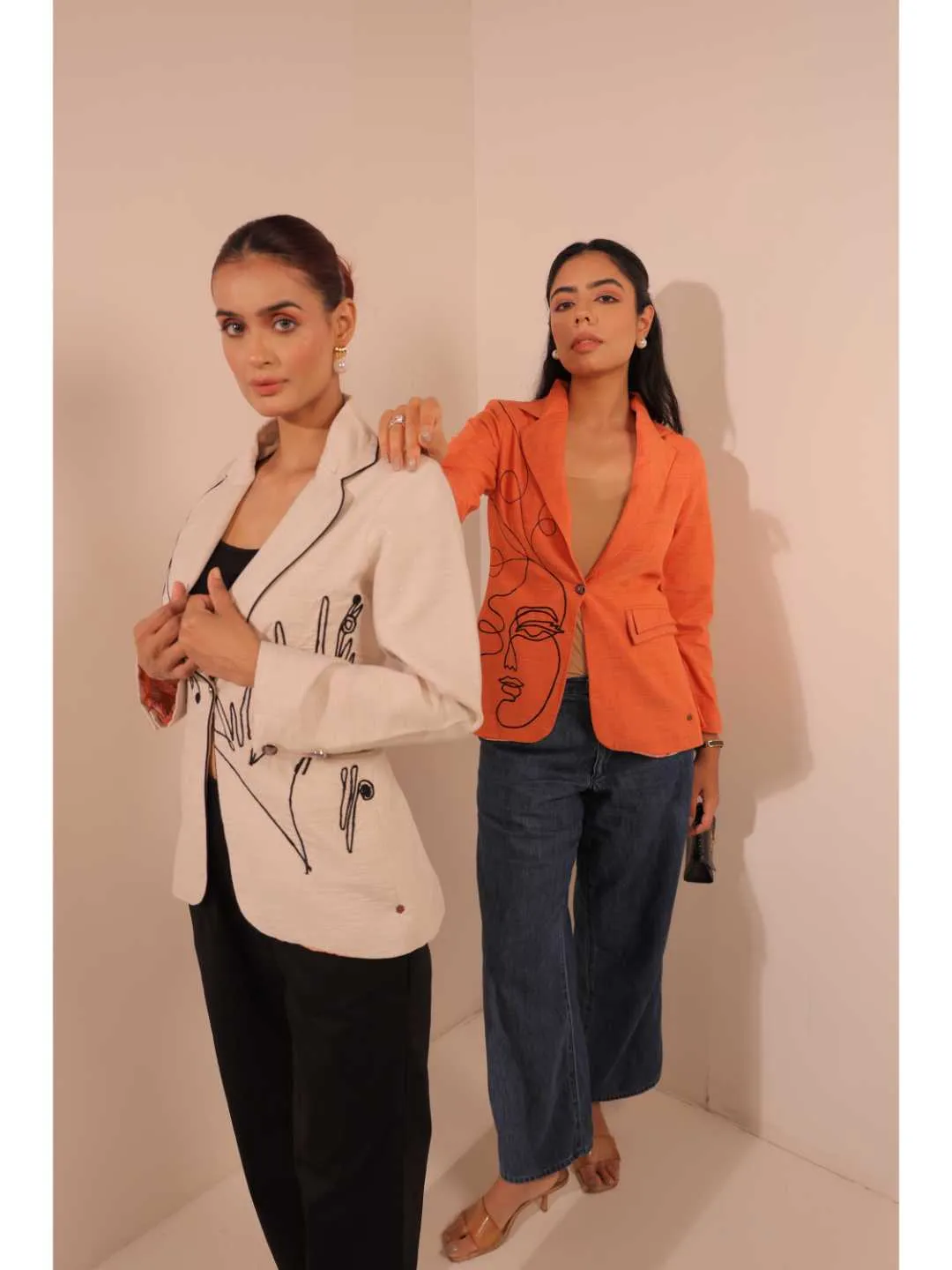 graceful pongee silk modernise embroiderd lapel full sleeve semi-formal jacket with stylish pocket. - Orange
