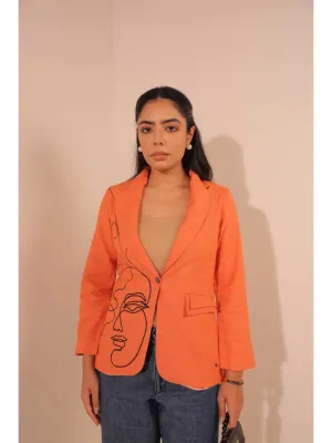 graceful pongee silk modernise embroiderd lapel full sleeve semi-formal jacket with stylish pocket. - Orange