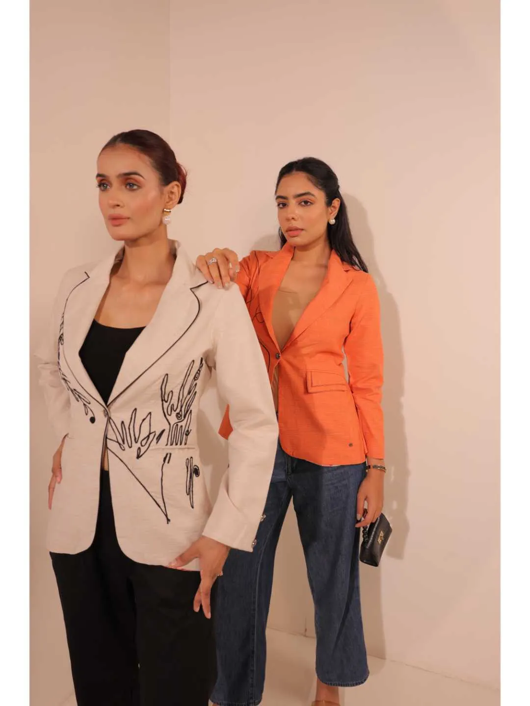 graceful pongee silk modernise embroiderd lapel full sleeve semi-formal jacket with stylish pocket. - Orange