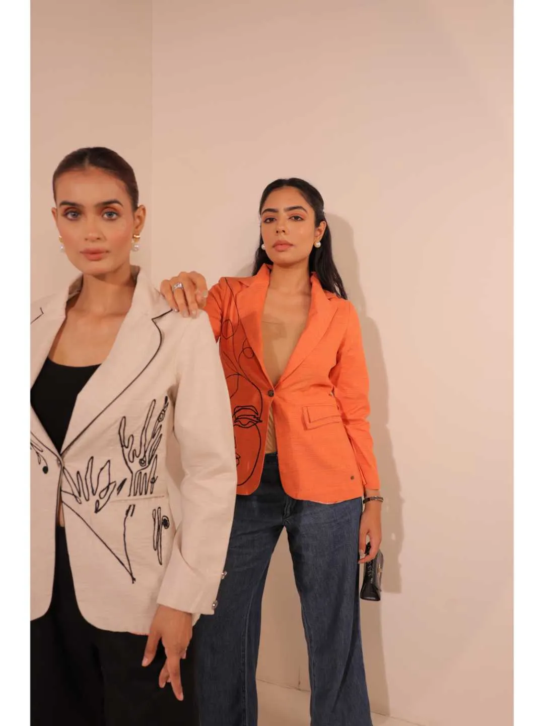 graceful pongee silk modernise embroiderd lapel full sleeve semi-formal jacket with stylish pocket. - Orange