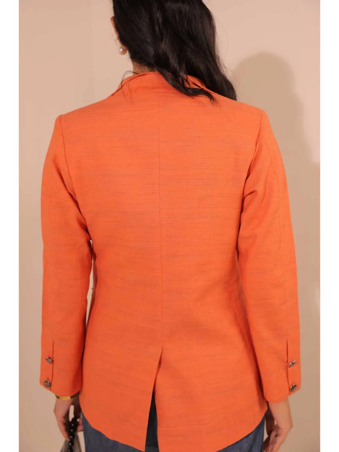 graceful pongee silk modernise embroiderd lapel full sleeve semi-formal jacket with stylish pocket. - Orange