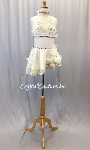 Ivory 2-Pice Bra Top and Asymmetrical Skirt w/ Appliques and Flowers - Swarovski Rhinestones