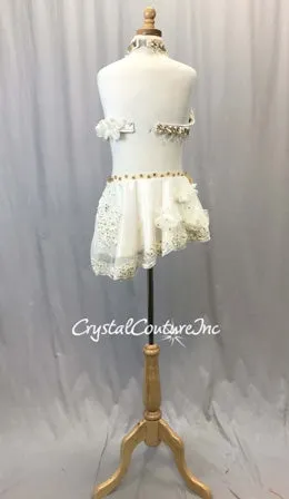 Ivory 2-Pice Bra Top and Asymmetrical Skirt w/ Appliques and Flowers - Swarovski Rhinestones