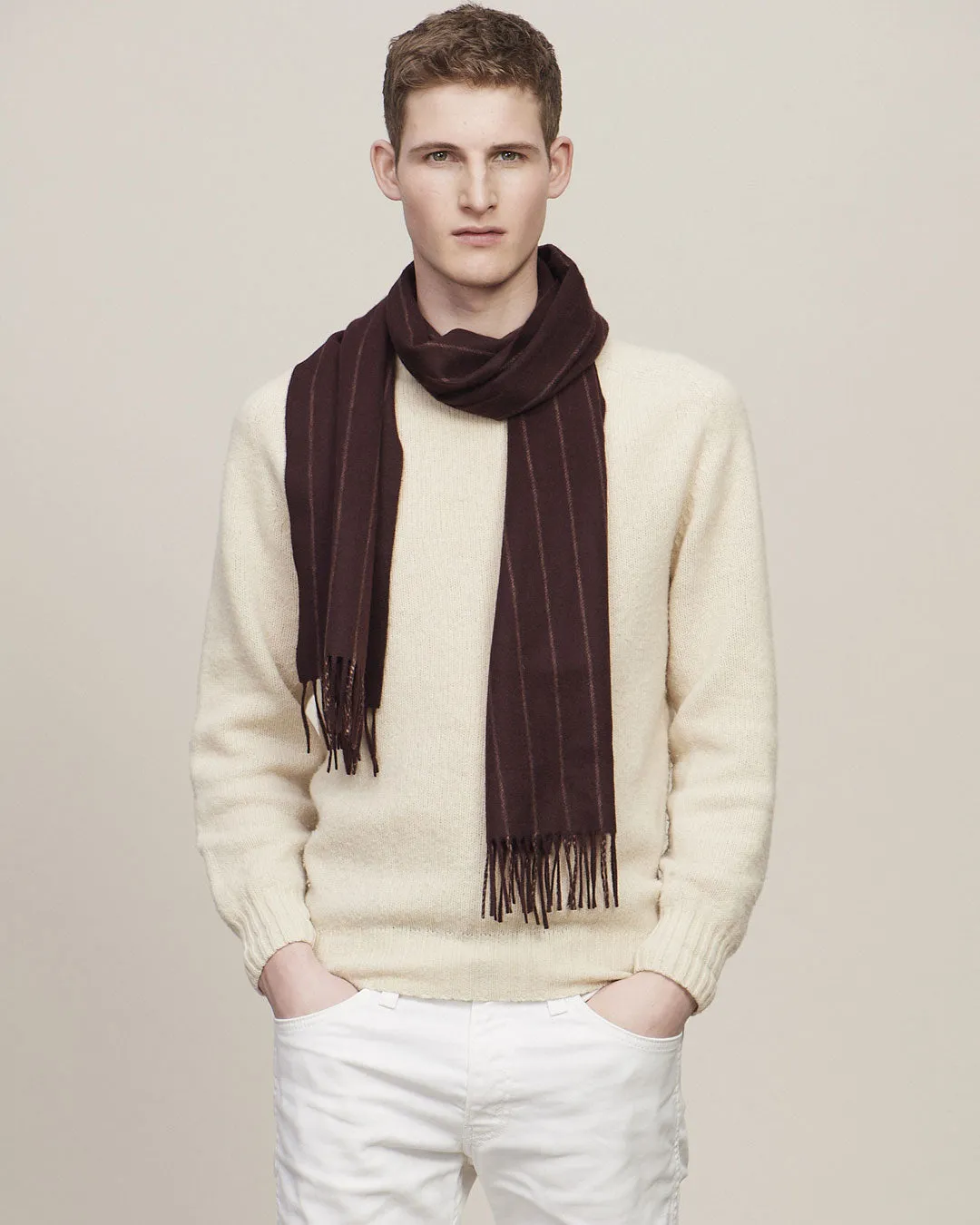 Joshua Ellis Red X Fudge Classic Stripe Brushed Cashmere Scarf
