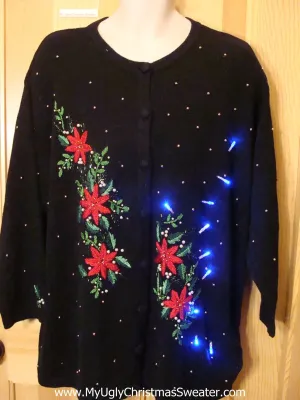 Light Up Ugly Xmas Sweater Red Bling Poinsettias