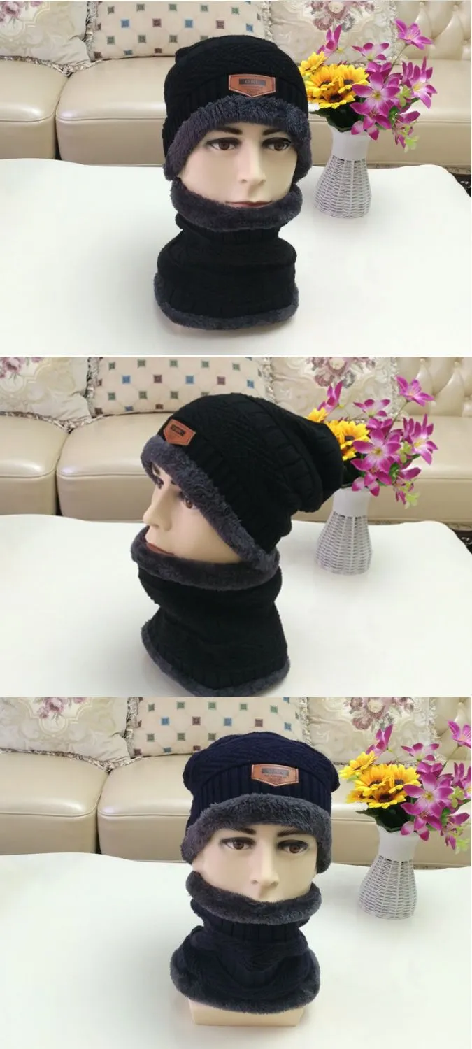 Men's Fleece Ear Protection Neck Scarf Knitted Hat 11571414YM