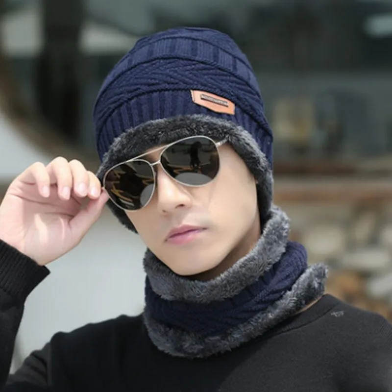 Men's Fleece Ear Protection Neck Scarf Knitted Hat 11571414YM