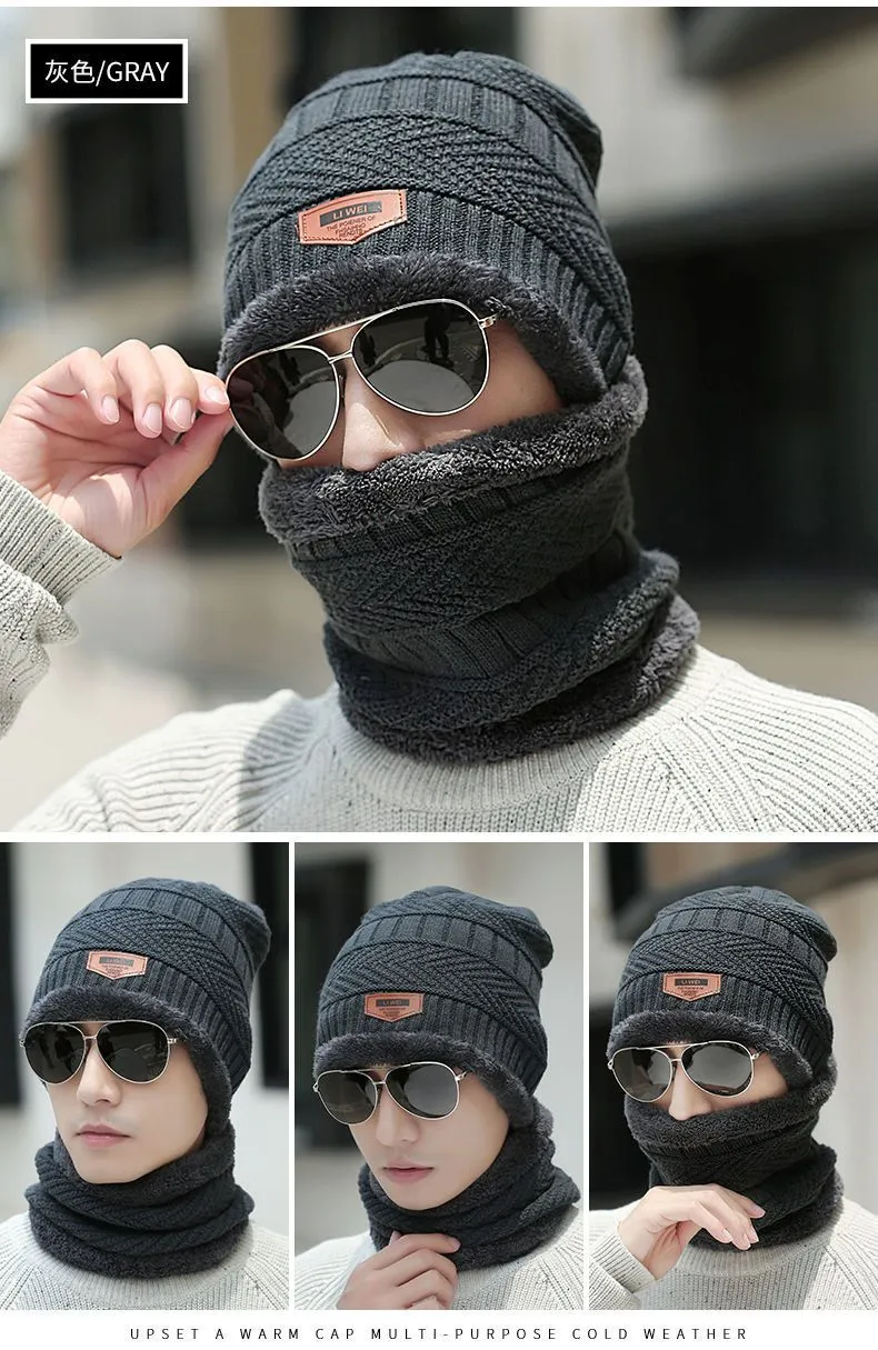 Men's Fleece Ear Protection Neck Scarf Knitted Hat 11571414YM