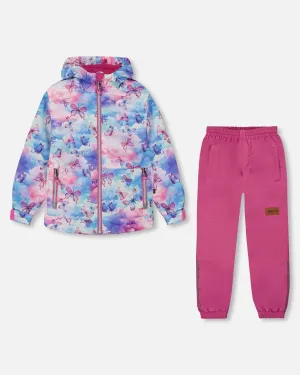 Printed Jacket Two-Piece Mid-Season Outerwear Set Butterflies On Multicolored And Vibrant Pink Background