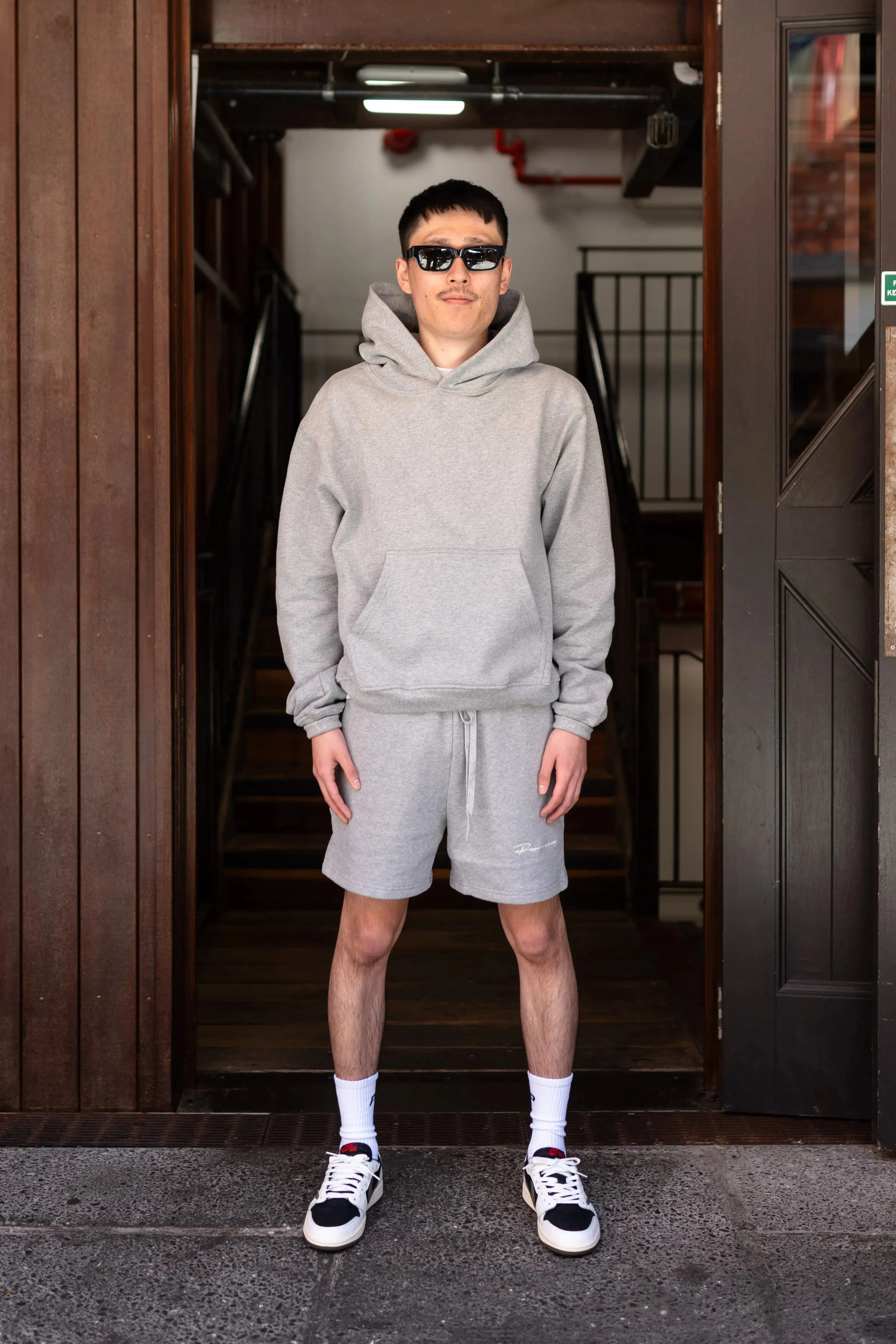 Prior Embroidery Logo Oversized Cropped Hoodie Heather Grey