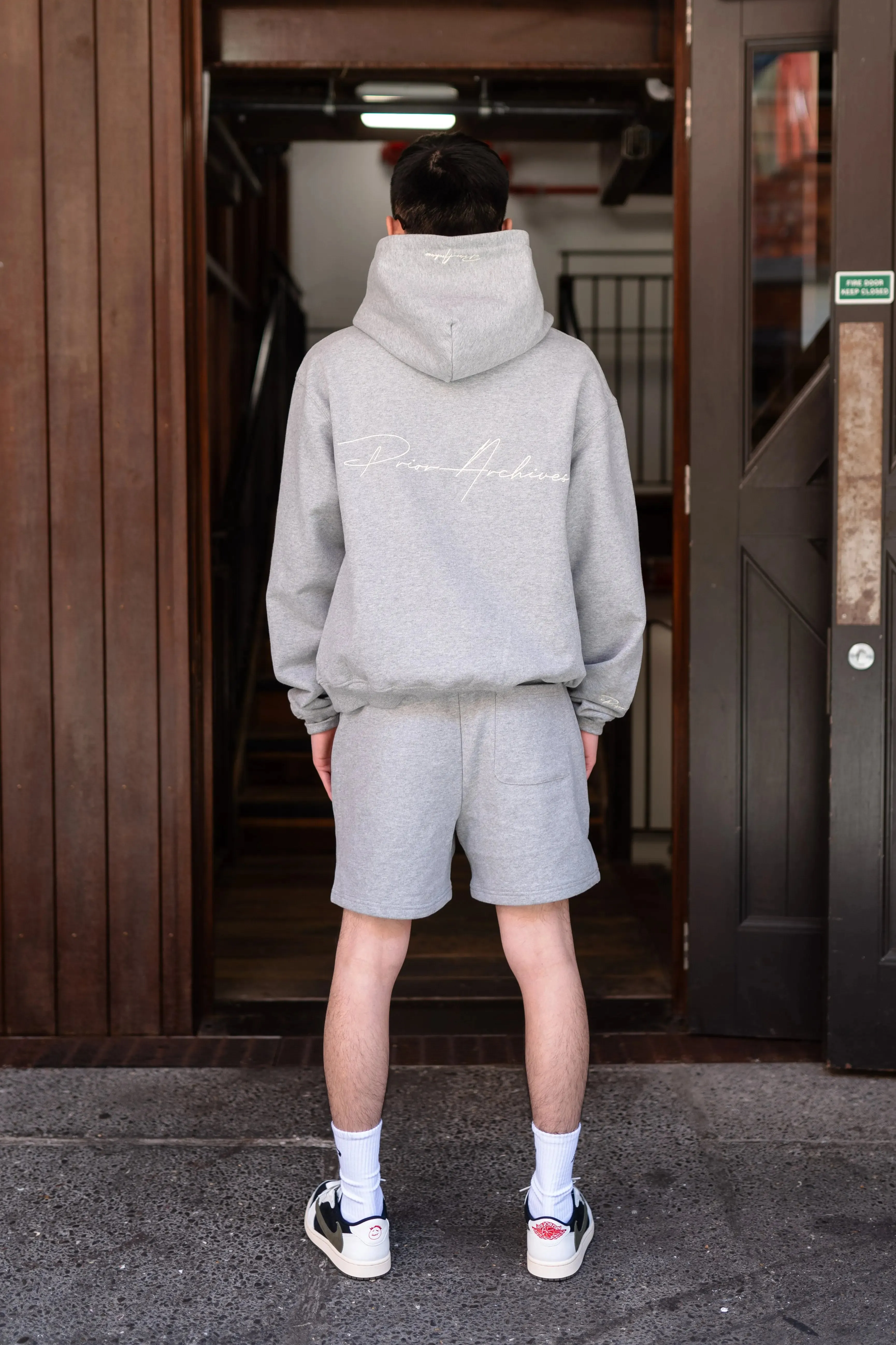 Prior Embroidery Logo Oversized Cropped Hoodie Heather Grey