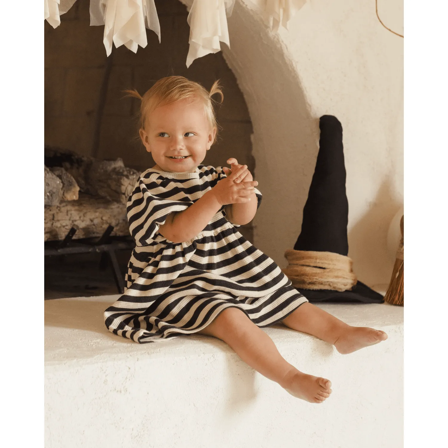 Quincy Mae Halloween Waffle Babydoll Dress- Black Stripe
